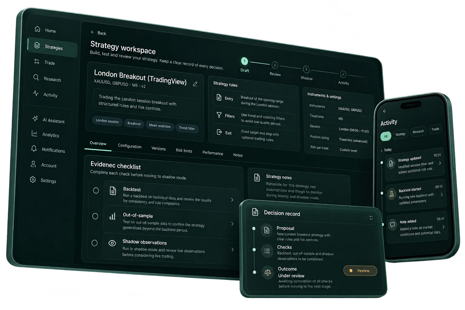 Strategy workspace with an evidence checklist, a decision record and a phone activity timeline.
