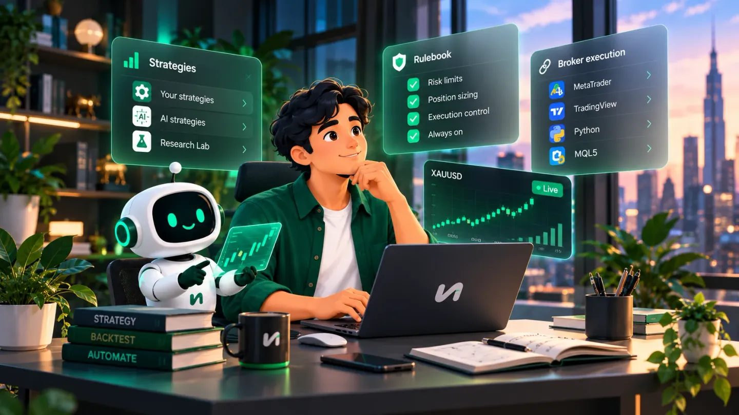 Cinematic 3D illustration of a trader and friendly AI companion at a green-lit workspace.